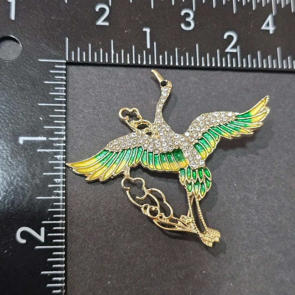 Enamel Rhinestone Bird Brooch Set Grern Orange Gold Phoenix Crane  Statement